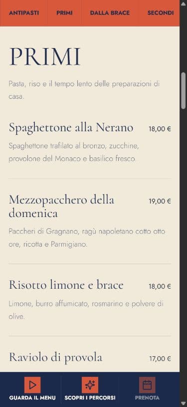 Vista lista del menu WatchEat con piatti e prezzi